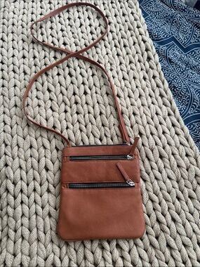Sleek Tan Crossbody Bag with Dual Zip Pockets